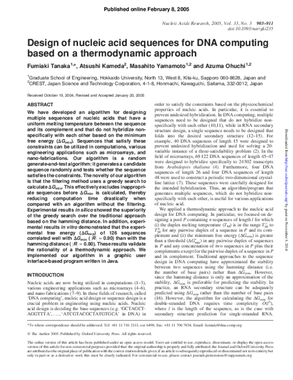 (PDF) Design of nucleic acid sequences for DNA computing based on a