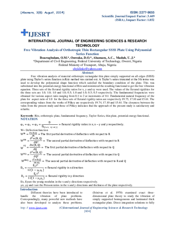 (PDF) Free Vibration Analysis of Orthotropic Thin Rectangular SSSS ...