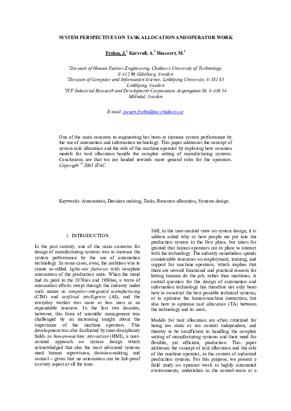 (PDF) System perspective on task allocation and automation design
