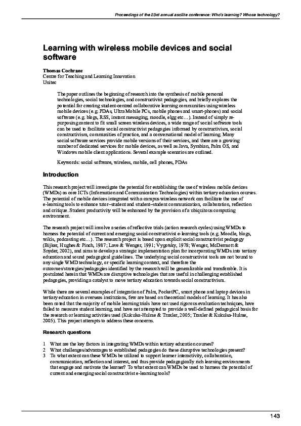 (PDF) Learning with wireless mobile devices and social software