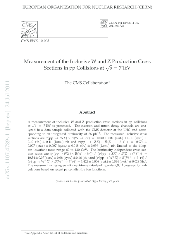 (PDF) Measurement of the inclusive W and Z production cross sections in ...