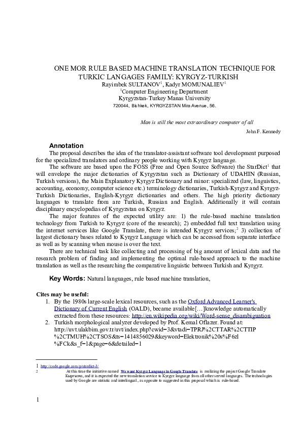 (DOC) ONE MOR RULE BASED MACHINE TRANSLATION TECHNIQUE FOR TURKIC ...