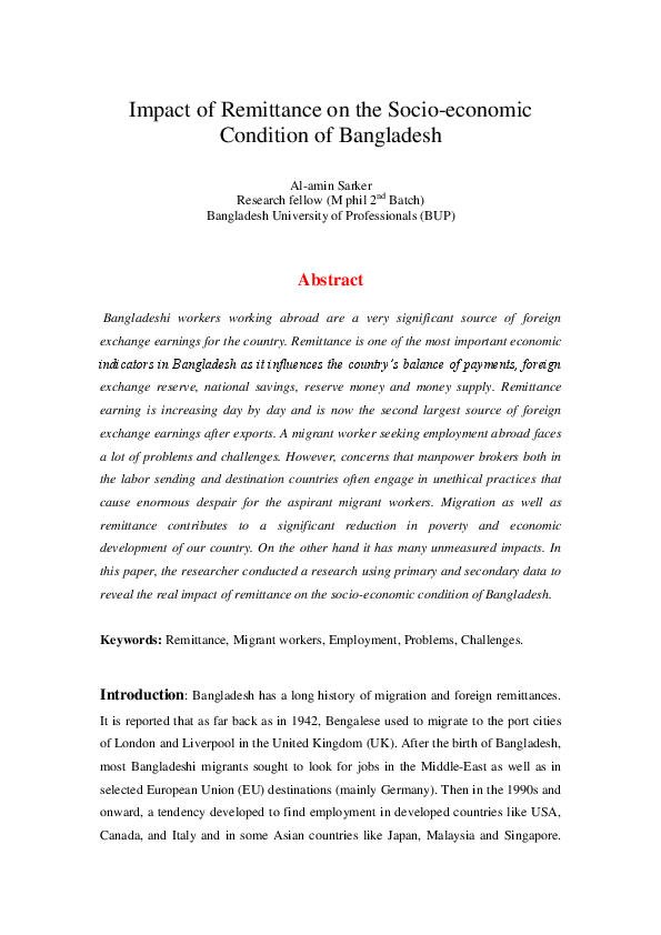 (DOC) Impact of Remittance on the Socio-economic Condition of Bangladesh