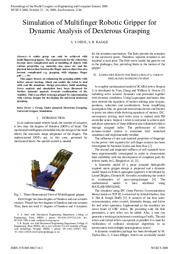 (PDF) Simulation of a Multi-finger Robotic Gripper