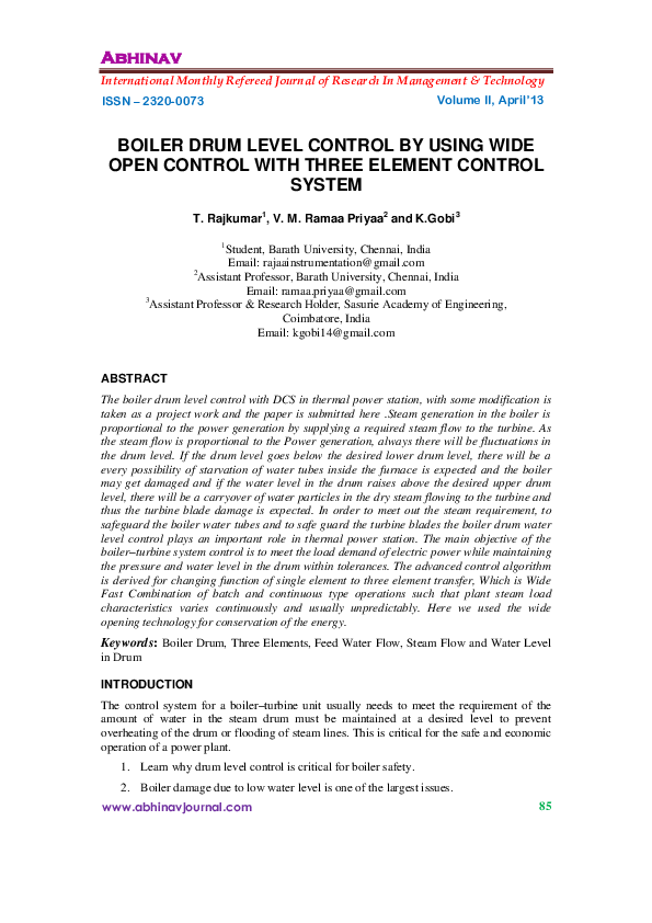 (PDF) BOILER DRUM LEVEL CONTROL BY USING WIDE OPEN CONTROL WITH THREE