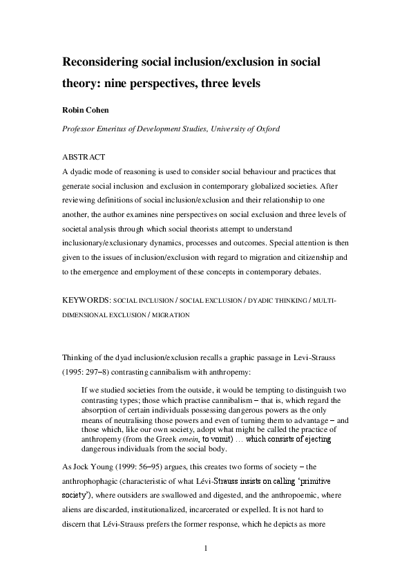 (PDF) Reconsidering social inclusion/exclusion in social theory nine