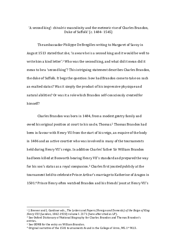 'A second king': chivalric masculinity and the meteoric rise of Charles Brandon, duke of Suffolk (c. 1484- 1545)