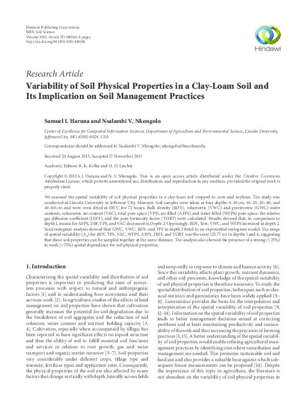 (PDF) Variability of Soil Physical Properties in a ClayLoam Soil and