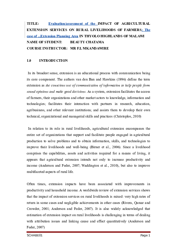 (DOC) TITLE: Evaluation/assessment of the IMPACT OF AGRICULTURAL ...