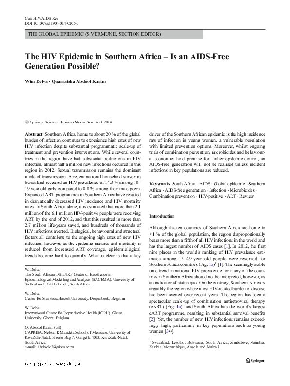 (PDF) The HIV Epidemic in Southern Africa – Is an AIDS-Free Generation ...