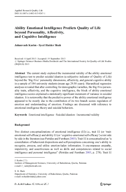 (PDF) Ability Emotional Intelligence Predicts Quality of Life beyond ...