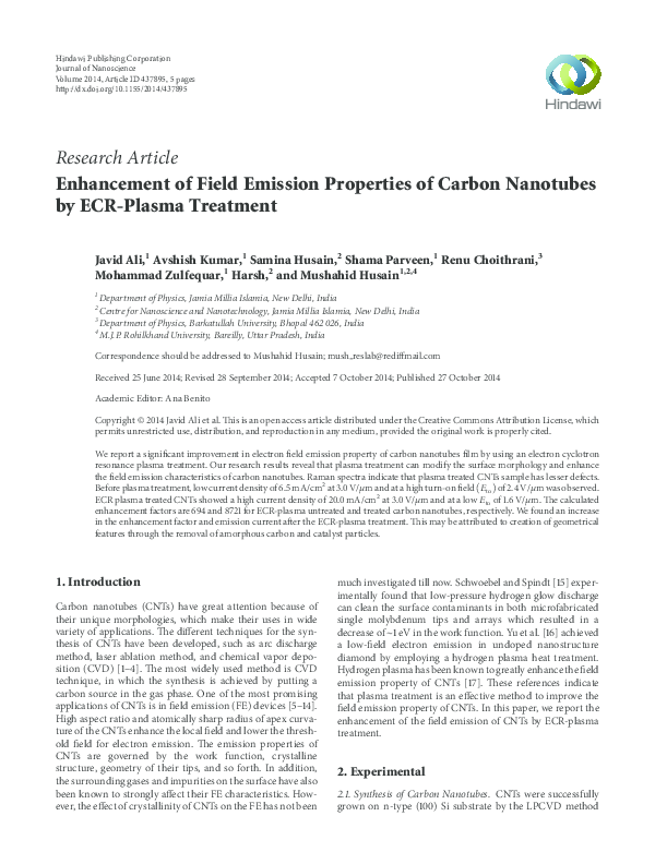 (PDF) Enhancement of Field Emission Properties of Carbon Nanotubes by ...