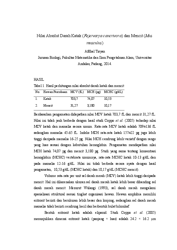 (DOC) Nilai Absolut Darah Katak (Fejervarya cancrivora) dan Mencit (Mus