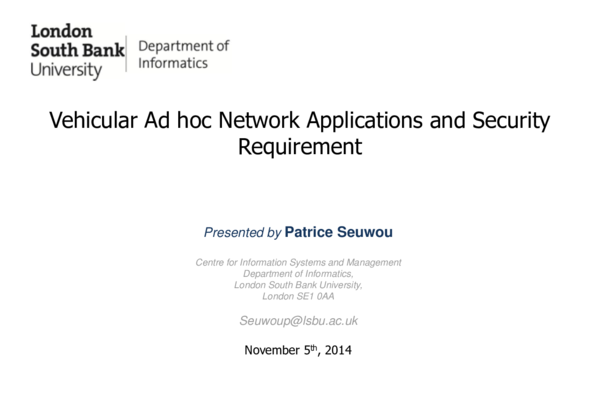 (PPT) Vehicular Ad hoc Network Applications and Security Requirements