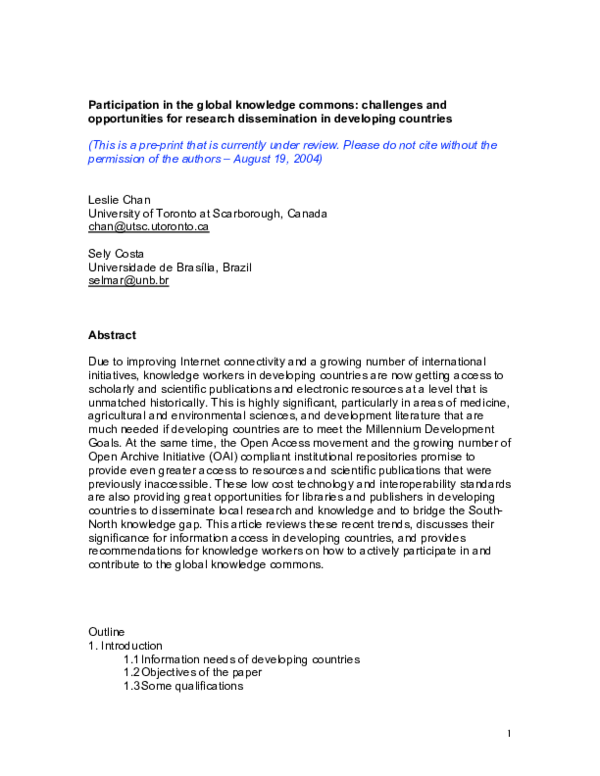 (PDF) Participation in the global knowledge commons : Challenges and ...
