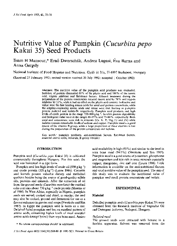 (PDF) Nutritive value of pumpkin (Cucurbita Pepo Kakai 35) seed products