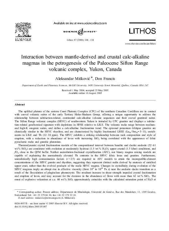 (PDF) Interaction between mantlederived and crustal calcalkaline