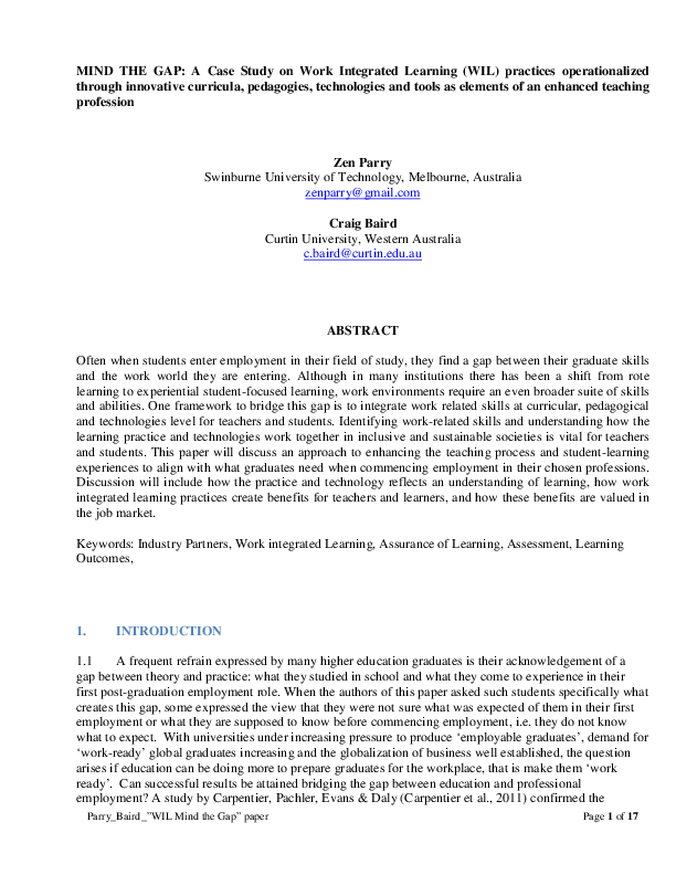 (PDF) MIND THE GAP: A Case Study on Work Integrated Learning (WIL ...