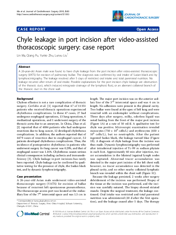 (PDF) Chyle leakage in port incision after videoassisted thoracoscopic