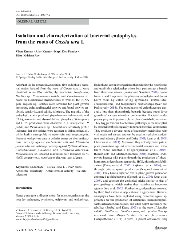 (PDF) Isolation and characterization of bacterial endophytes from the ...