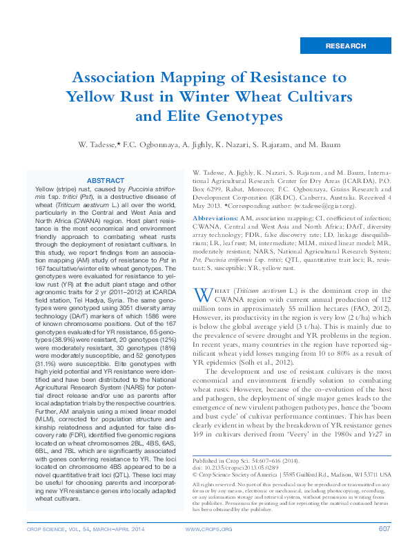 (PDF) Association Mapping of Resistance to Yellow Rust in Winter Wheat ...