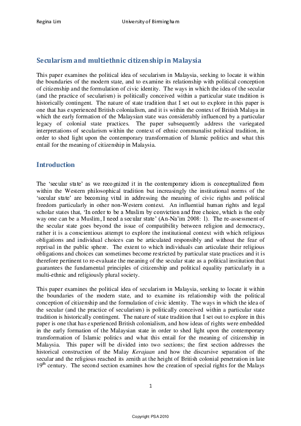 (PDF) Secularism and multiethnic citizenship in Malaysia