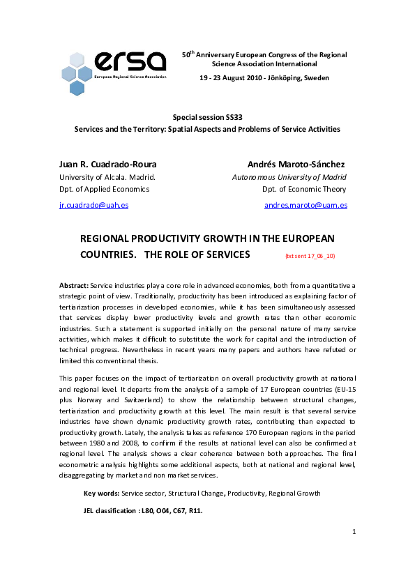 (PDF) Regional productivity growth in European countries. The role of ...