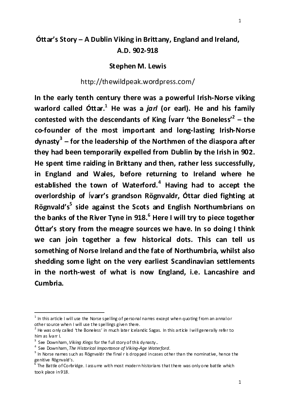 Óttar’s Story – A Dublin Viking in Brittany, England and Ireland, A.D. 902-918