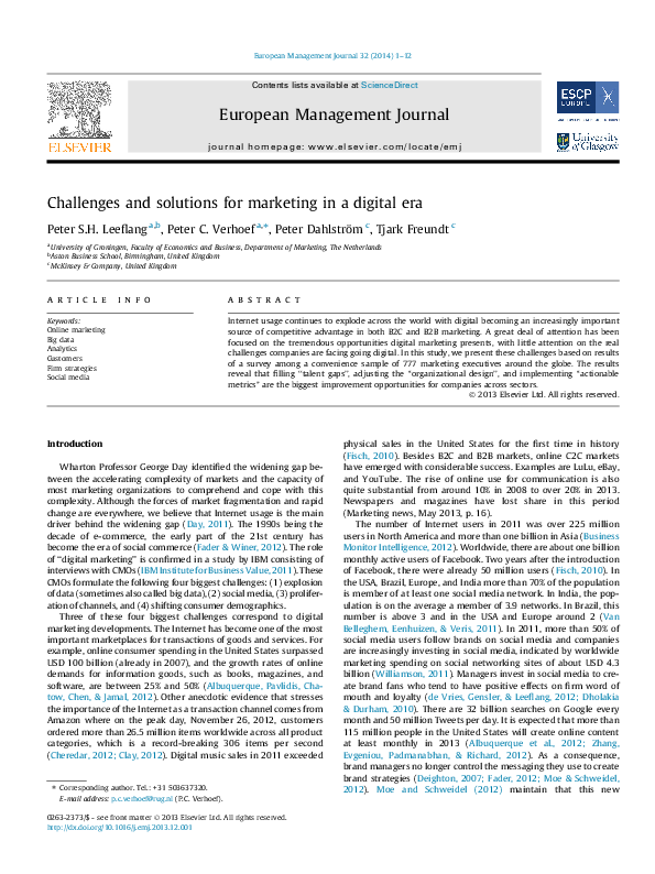 (PDF) Challenges and solutions for marketing in a digital era