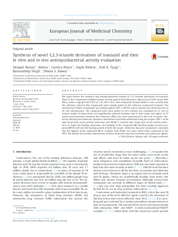 Synthesis of novel 1,2,3-triazole derivatives of isoniazid and their in ...