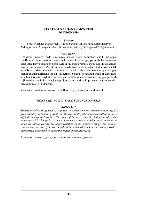 Pdf Strategi Kebijakan Moneter Di Indonesia
