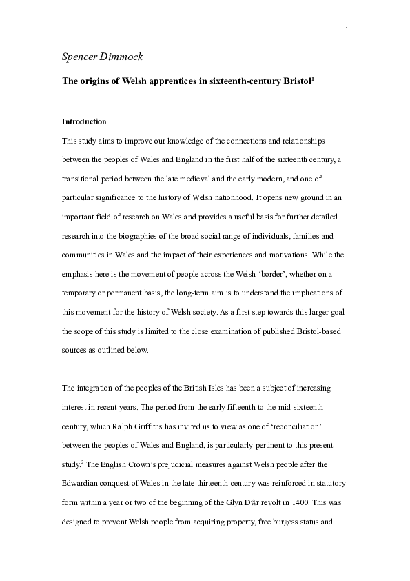 The origins of Welsh apprentices in sixteenth-century Bristol