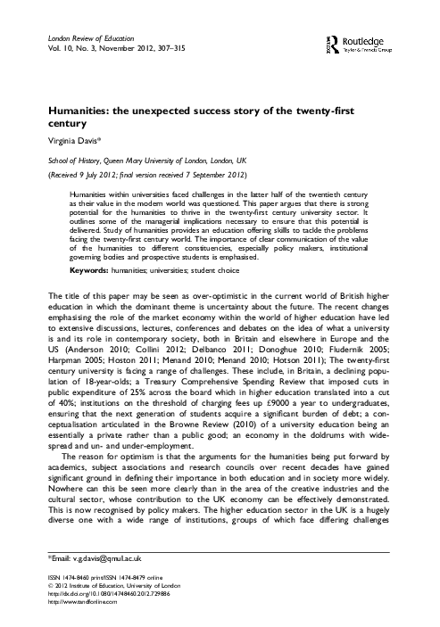 ‘Humanities: the unexpected success story of the twenty-first century’, London Review of Education, 10(3), 2012, pp. 307-15.