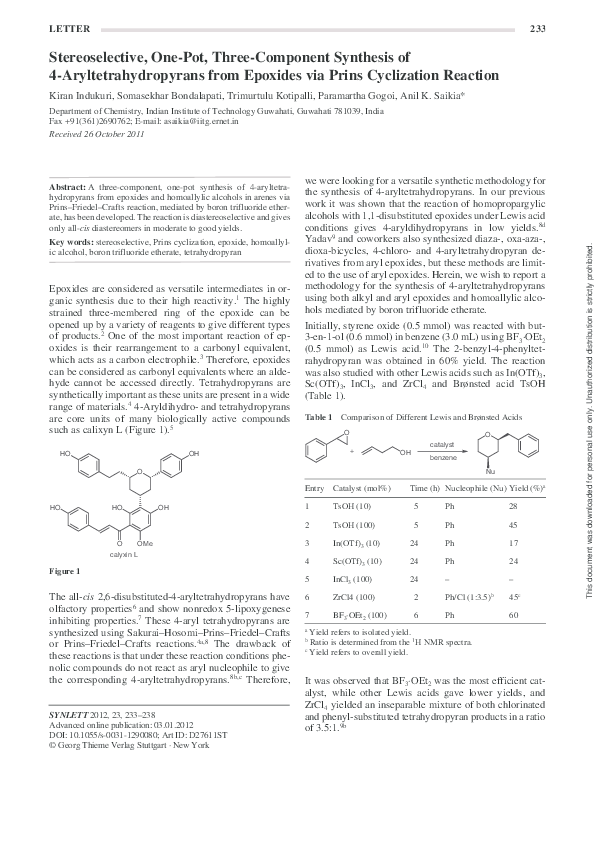 (PDF) Stereoselective, One-Pot, Three-Component Synthesis of 4 ...