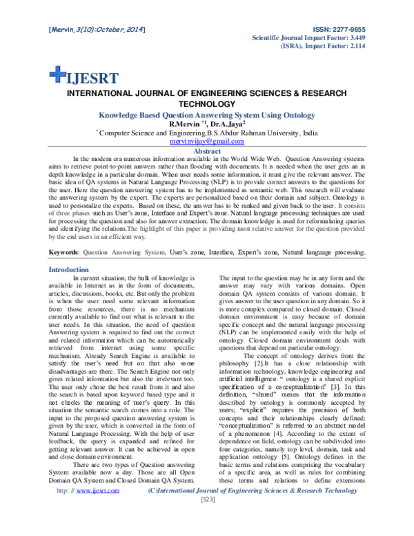 (PDF) Knowledge Baesd Question Answering System Using Ontology