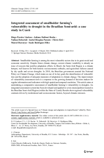 Pdf Integrated Assessment Of Smallholder Farming S Vulnerability To Drought In The Brazilian Semi Arid A Case Study In Ceara Marcel Bursztyn Juliana Dalboni Rocha Flavio Eiro And Saulo Rodrigues Filho Academia Edu