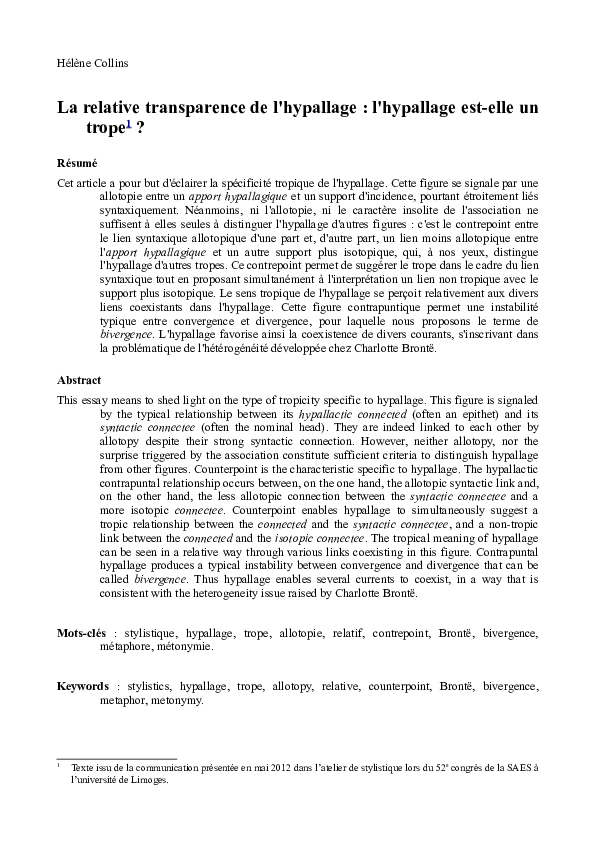 (PDF) « La relative transparence de l'hypallage » Études de Stylistique ...