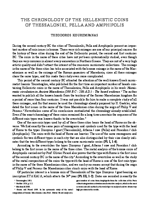 (PDF) "The chronology of the hellenistic coins of Thessaloniki, Pella ...