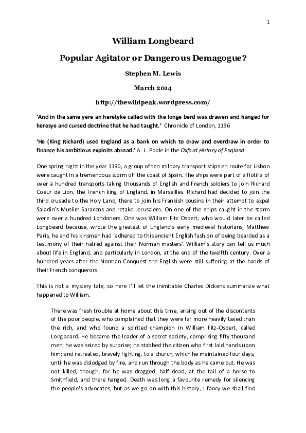 William Longbeard - Popular Agitator or Dangerous Demagogue? [https://thewildpeak.wordpress.com/2014/11/23/william-longbeard-popular-agitator-or-dangerous-demagogue-2/]