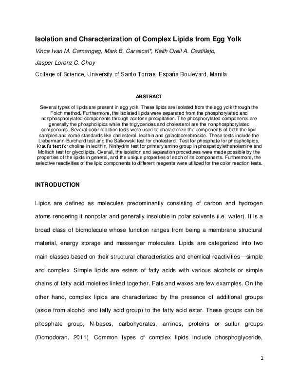 (PDF) Isolation and Characterization of Complex Lipids from Egg Yolk