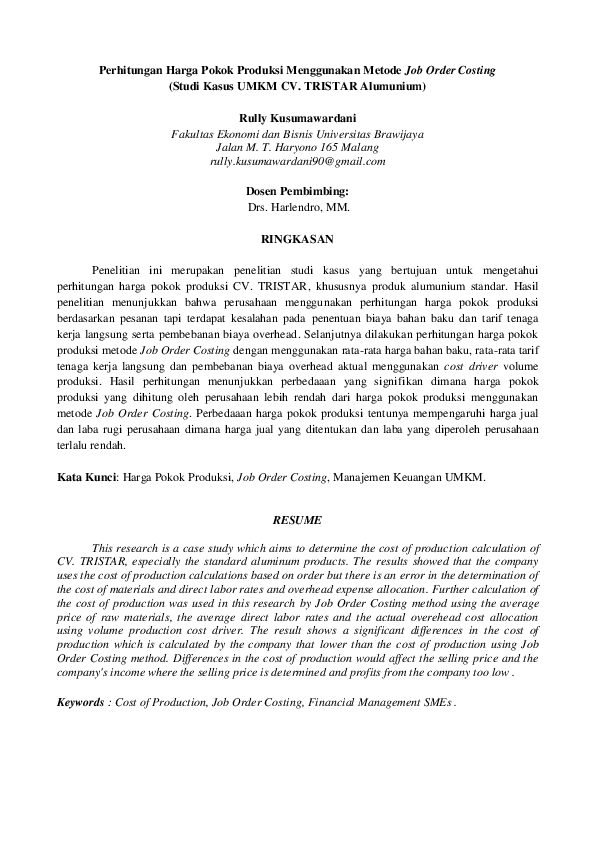 (PDF) Perhitungan Harga Pokok Produksi Menggunakan Metode Job Order