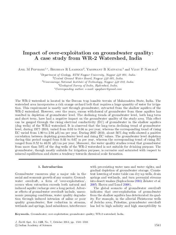 (PDF) Impact of over exploitation on groundwater quality: a case study ...
