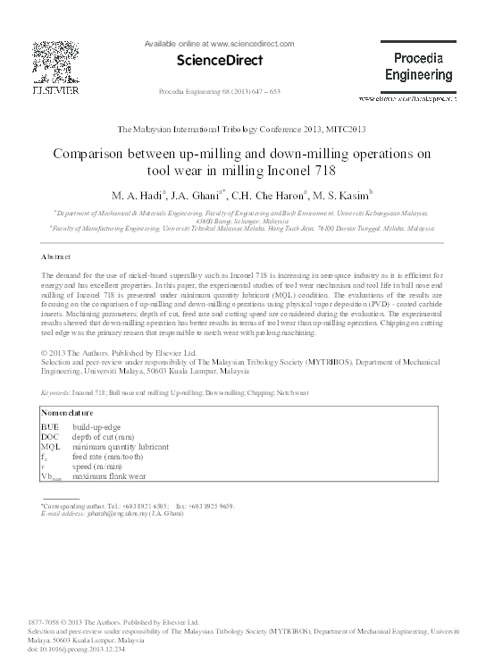 (PDF) Comparison between upmilling and downmilling operations on tool