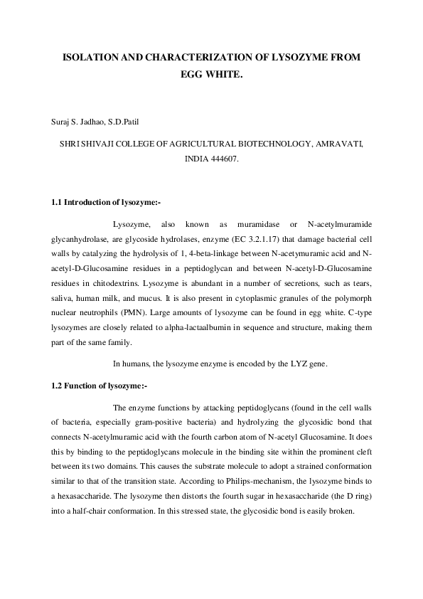 (DOC) ISOLATION AND CARECTERISATION OF LYSOZYME FROM HEN EGG WHITE