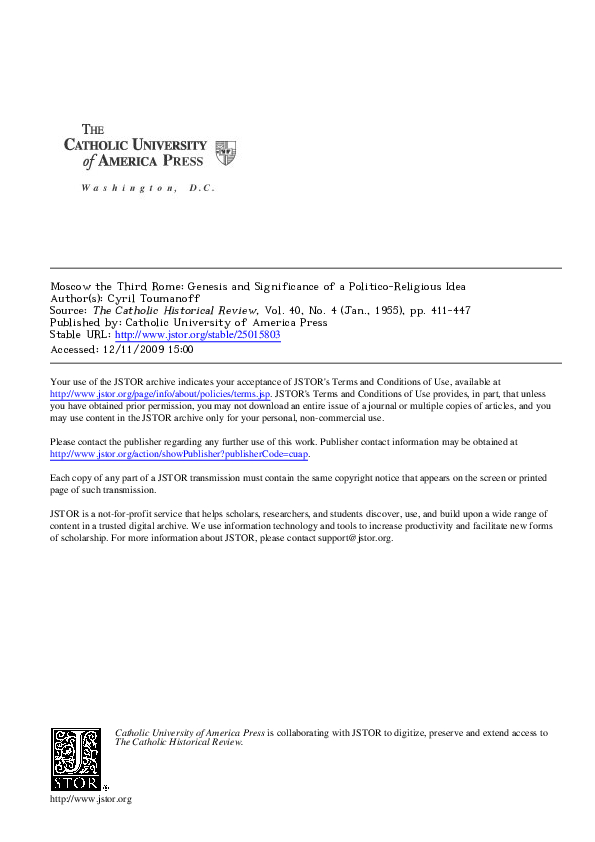 MOSCOW THE THIRD ROME: GENESIS AND SIGNIFICANCE OF A POLITICO-RELIGIOUS IDEA