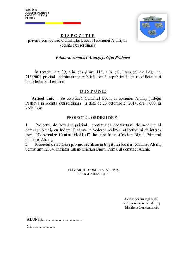(DOC) ROMÂNIA JUDEŢUL PRAHOVA COMUNA ALUNIŞ PRIMAR
