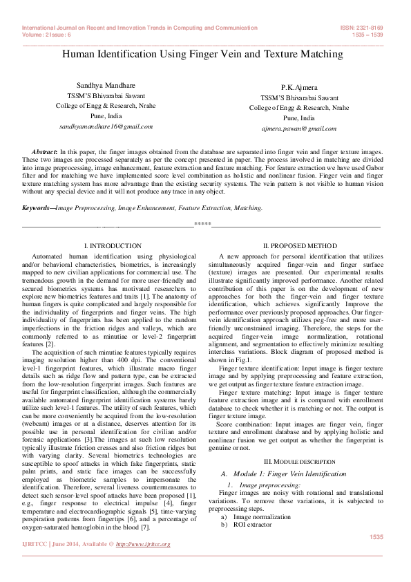 (PDF) Human Identification Using Finger Vein and Texture Matching