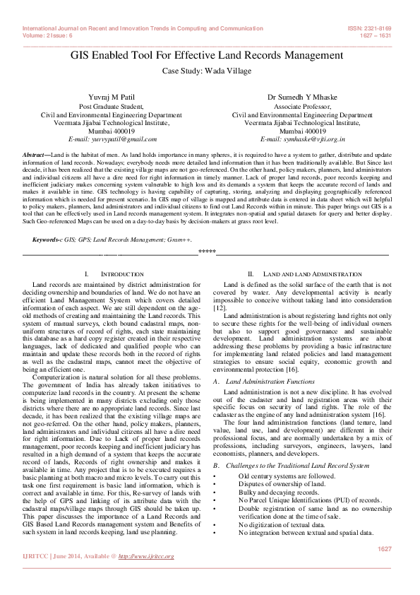 (PDF) GIS Enabled Tool For Effective Land Records Management Case Study