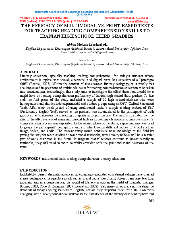 THE EFFICACY OF MULTIMODAL VS. PRINTBASED TEXTS FOR TEACHING READING