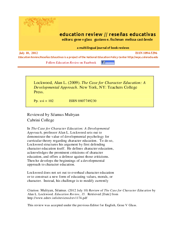 Review of Alan Lockwood's _The Case for Character Education: A ...